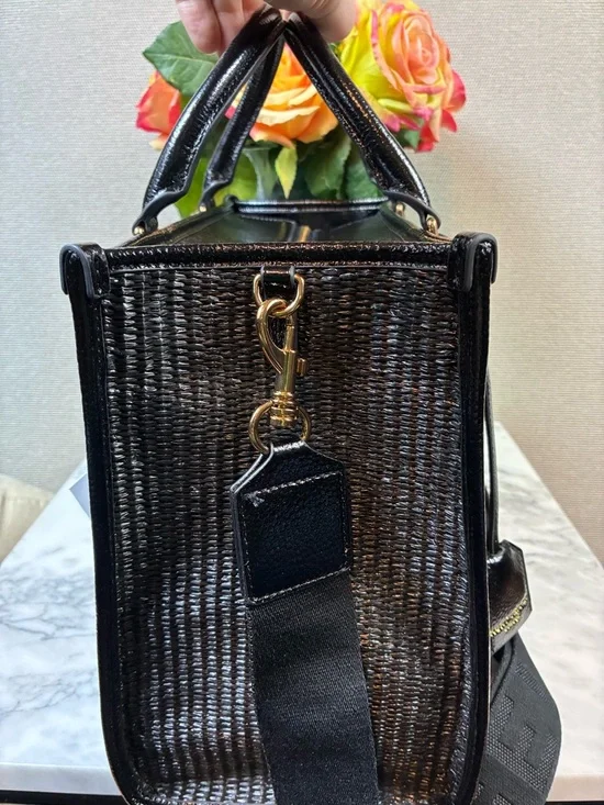 Kurt Geiger Black Metallic Leather & Raffia Chiswick Tote - NWT - Picture 4 of 11